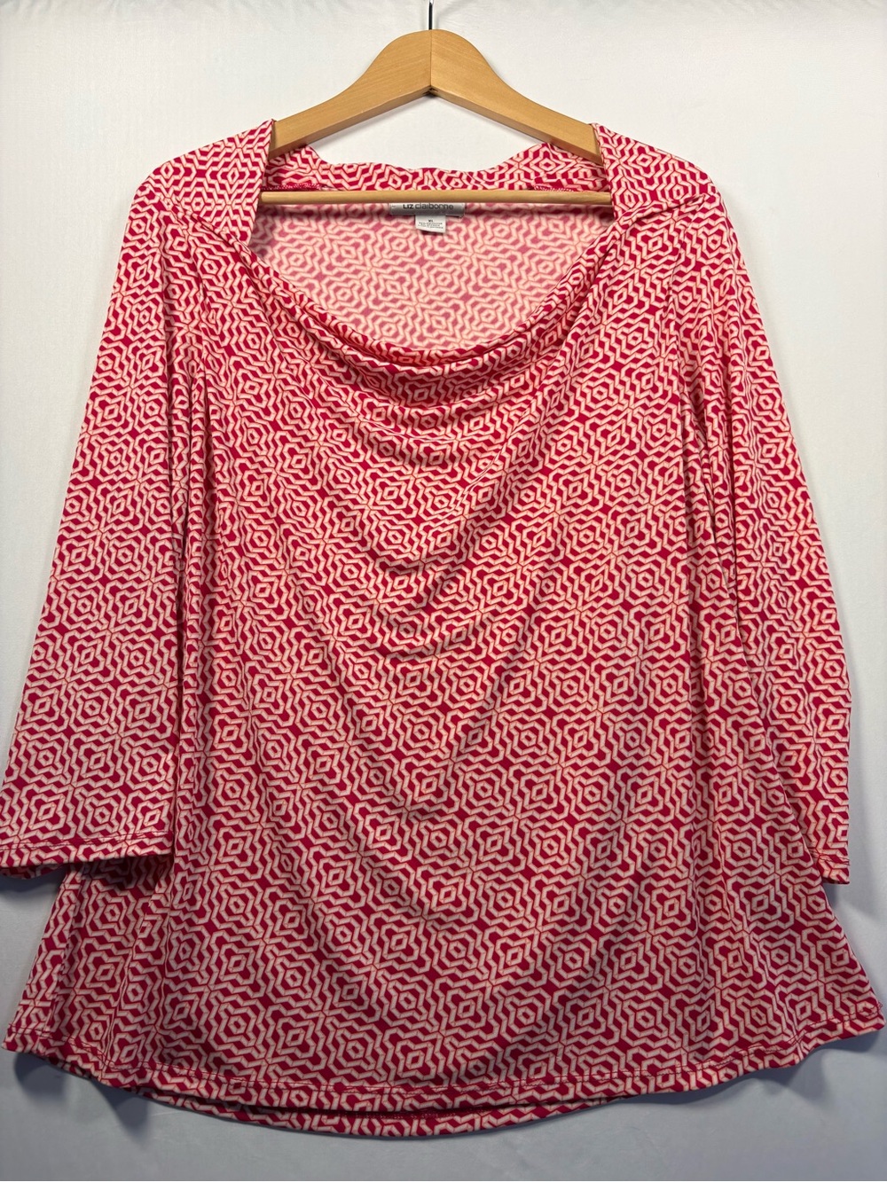 Liz Claiborne Blouse Women Extra Large XL Geometric Cowl Neck 3/4 Sleeve Stretch